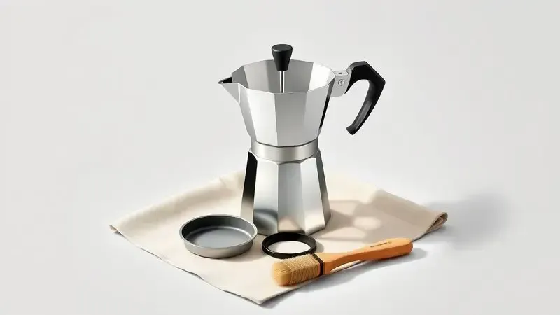 Ilustração de peças desmontadas de uma cafeteira de inox para limpeza e manutenção adequada.