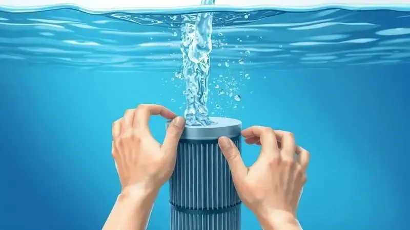 Ilustração demonstrando a limpeza correta de um filtro permanente sob água corrente.
