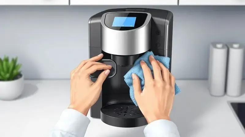 Mãos realizando limpeza em uma cafeteira de cápsulas, com pano de microfibra e bandeja de gotejo visíveis.