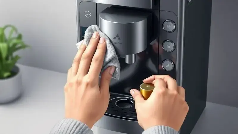 Mãos realizando limpeza diária de cafeteira, removendo cápsula usada e limpando bandeja de gotejamento.