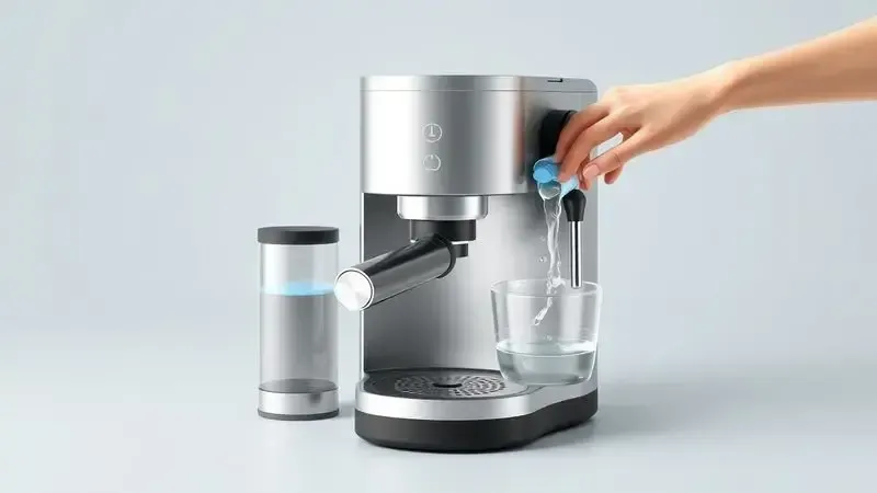 Ilustração 3D de rotina diária de limpeza de peças removíveis de cafeteira