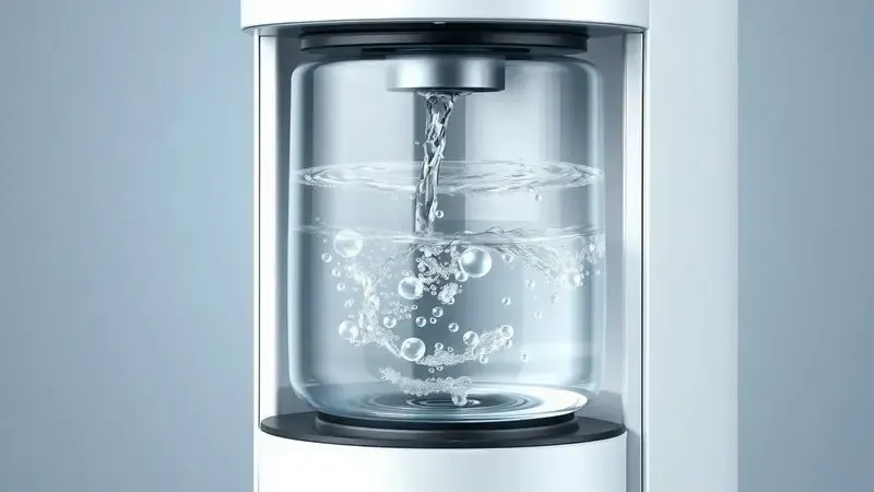 Processo conceitual de limpeza inicial de cafeteira com água transparente e bolhas de higienização em render artístico 3D