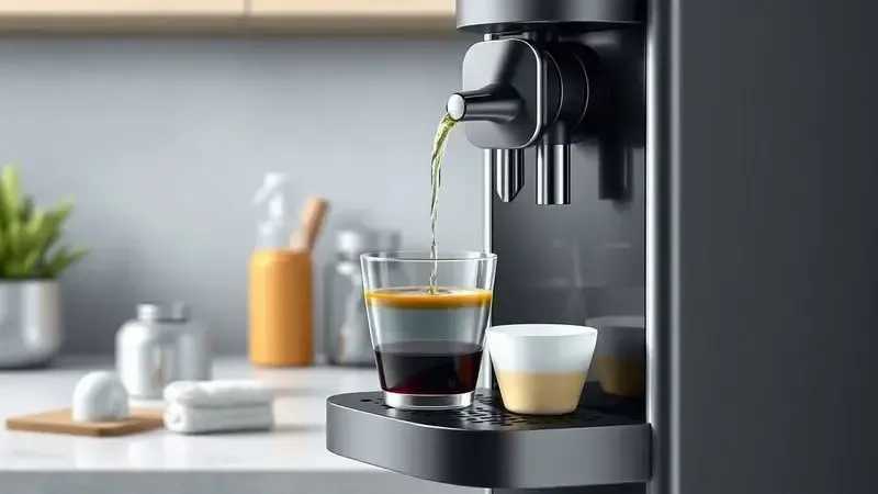 Processo de limpeza e descalcificação de cafeteira de cápsulas mostrando solução sendo adicionada ao tanque