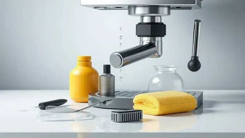 Acessórios de limpeza e manutenção para cafeteira dispostos artisticamente em superfície limpa