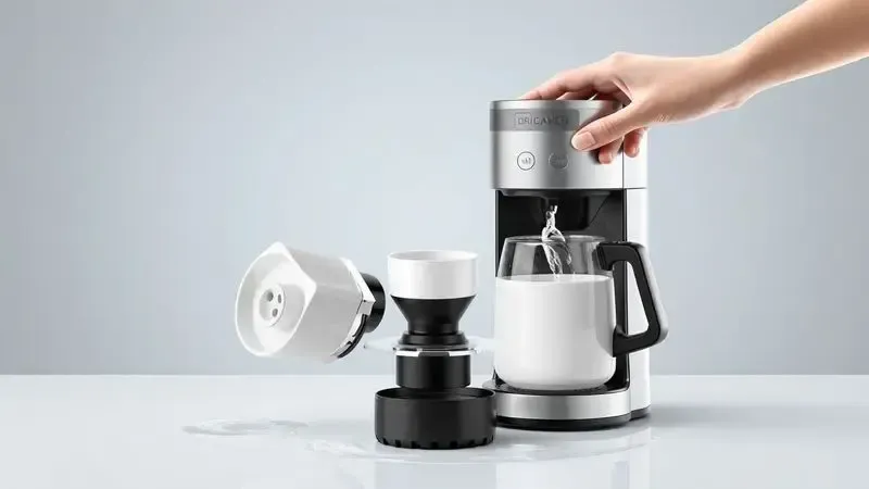 Ilustração conceitual do processo de limpeza e manutenção de uma cafeteira elétrica, mostrando peças removíveis.
