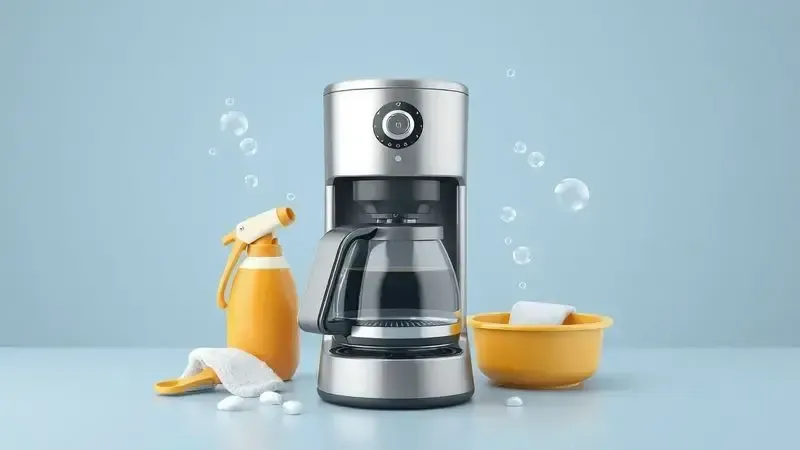 Ilustração conceitual de limpeza e manutenção de cafeteira elétrica para durabilidade.
