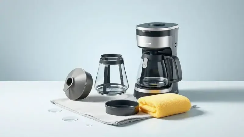 Ilustração conceitual dos componentes desmontados de uma cafeteira elétrica para limpeza e manutenção.