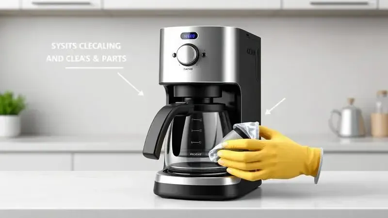 Ilustração conceitual do processo de limpeza e manutenção de cafeteira elétrica