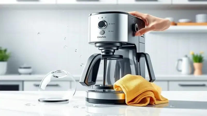 Ilustração conceitual demonstrando processo de limpeza e manutenção de cafeteira elétrica com peças desmontadas.