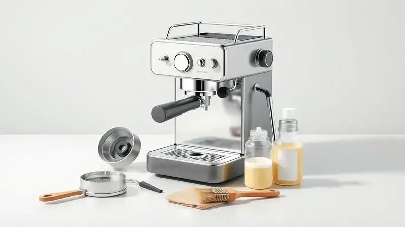 Ilustração conceitual de manutenção de cafeteira espresso com peças desmontadas e ferramentas de limpeza organizadas.