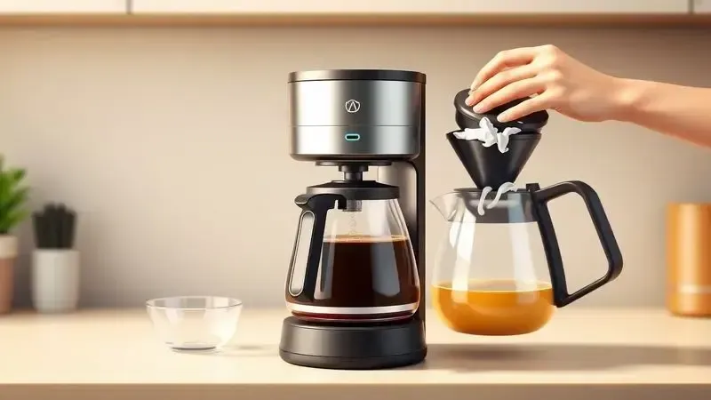 Ilustração realista da limpeza e manutenção de cafeteira elétrica para evitar gosto amargo.