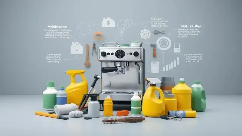 Conceito de limpeza e manutenção de cafeteira industrial com ferramentas e diagrama abstrato do equipamento.