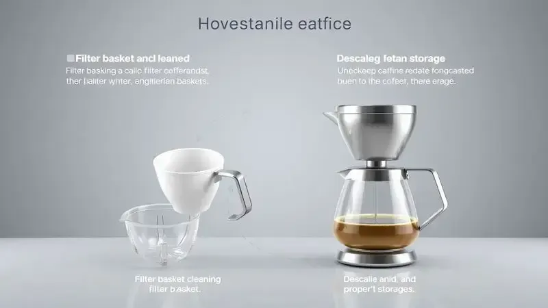Conceito de limpeza e manutenção de cafeteira com peças destacáveis e processo de descalcificação ilustrado em 3D.