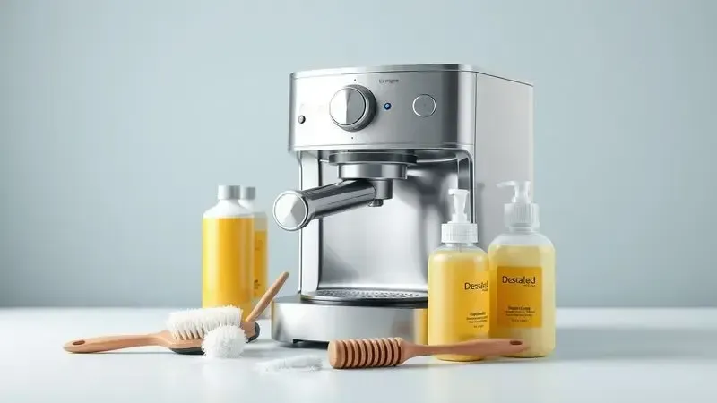 Conceito de limpeza e manutenção de cafeteira com ferramentas de limpeza organizadas