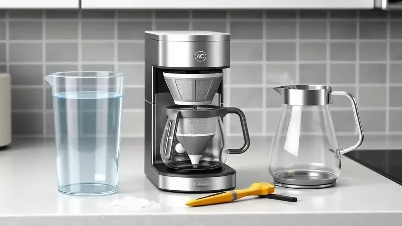 Ilustração conceitual de componentes de cafeteira sendo limpos separadamente na bancada