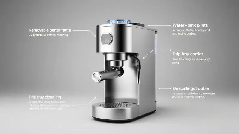 Ilustração conceitual 3D mostrando processo de limpeza e manutenção de máquina de café superautomática