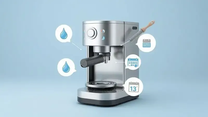 Cena conceitual de limpeza e manutenção preventiva para cafeteira industrial, com ícones de água e calendário.