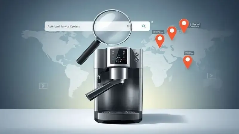 Conceito artístico de localização de assistência técnica para cafeteira com elementos de busca