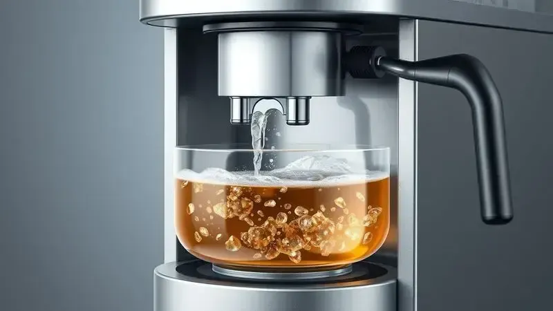 Processo conceitual de descalcificação e manutenção de cafeteira com remoção de depósitos minerais em render 3D artístico