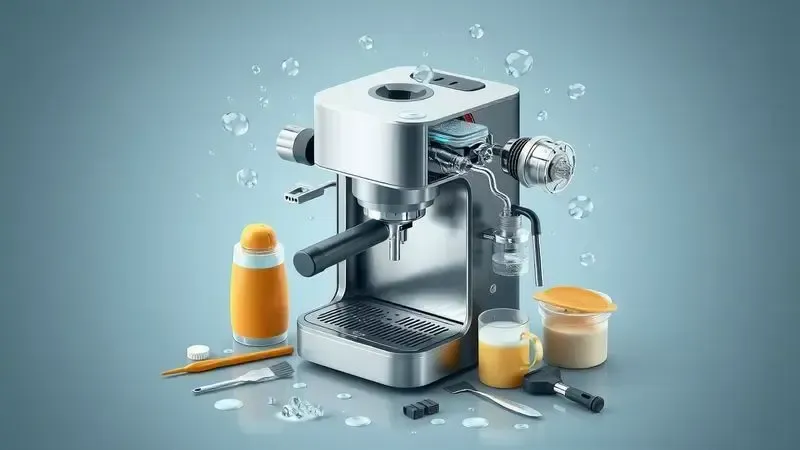 Ilustração conceitual de manutenção e higiene com componentes de cafeteira desmontados para limpeza