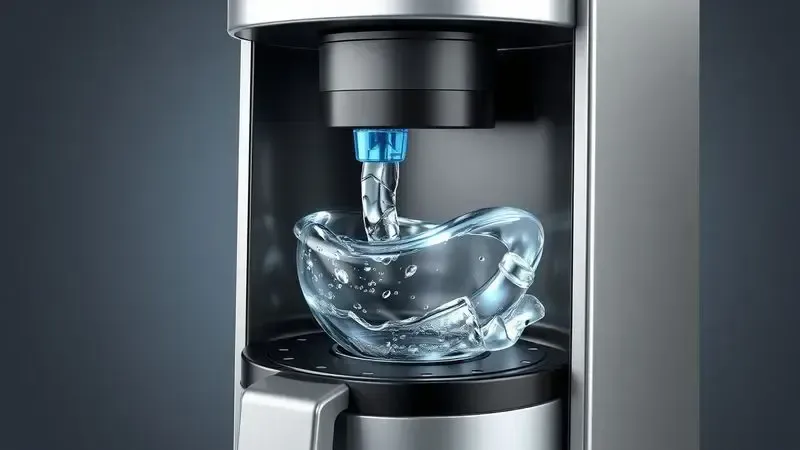 Ilustração conceitual do processo de limpeza e descalcificação de uma cafeteira automática