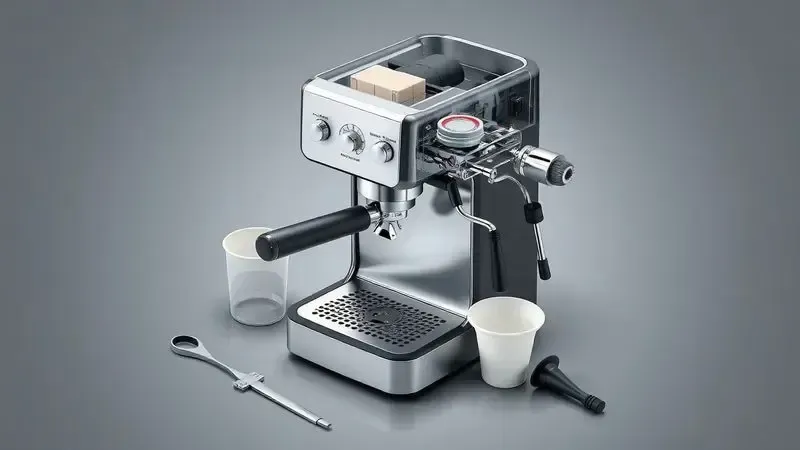 Visão conceitual de componentes de cafeteira espresso com ferramentas de limpeza, representando manutenção