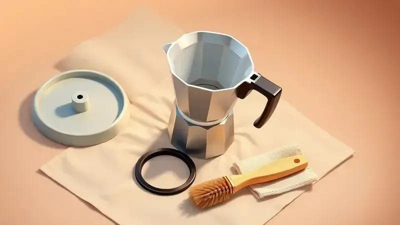 Partes desmontadas de uma cafeteira italiana para limpeza e manutenção, incluindo borracha de vedação.