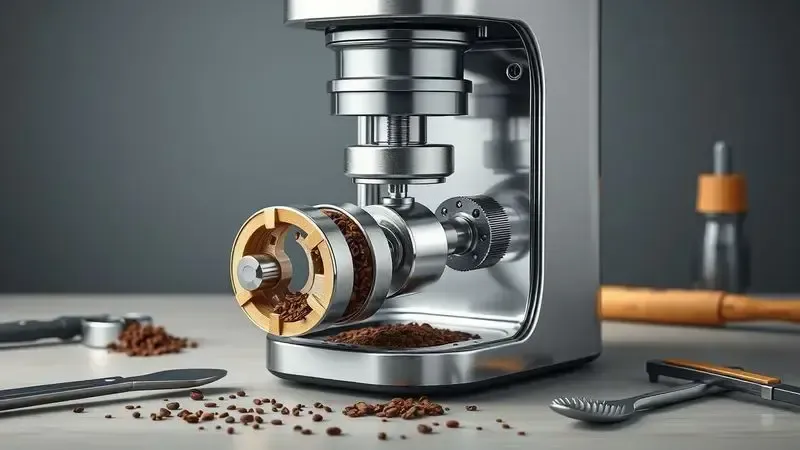 Ilustração educativa mostrando processo de manutenção e limpeza de cafeteira com moedor integrado