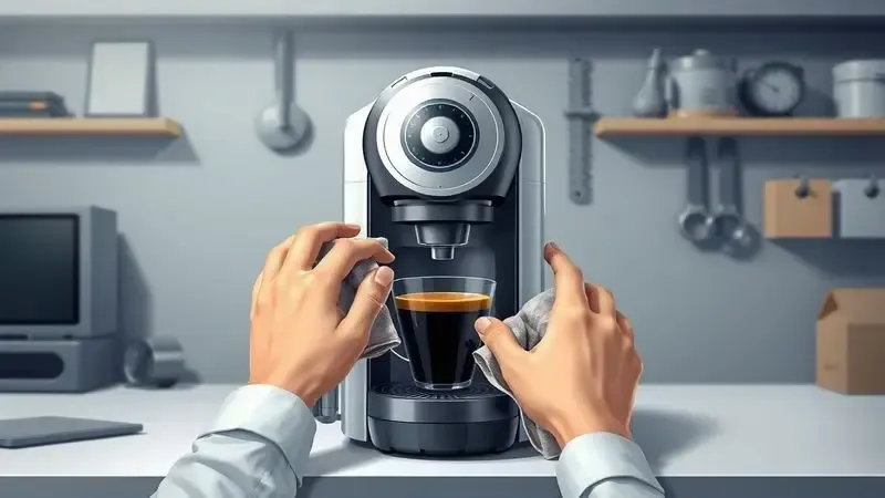 Ilustração conceitual de mãos limpando cafeteira de cápsulas com pano