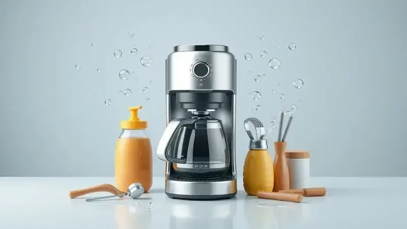 Conceito visual de manutenção e limpeza de cafeteira com elementos abstratos de cuidado