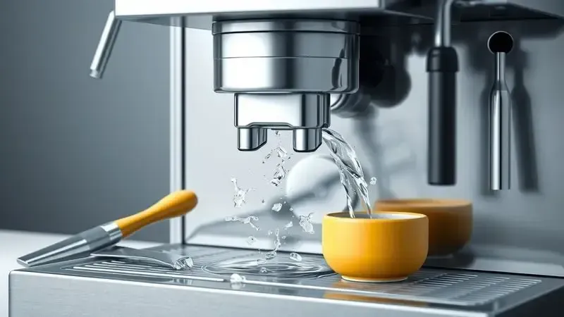 Ilustração conceitual mostrando processo de manutenção e limpeza de cafeteiras de cápsula.