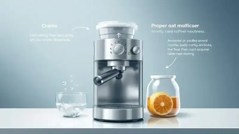 Cena conceitual de manutenção e limpeza de cafeteira, mostrando processos abstratos de descaling e cuidados para durabilidade