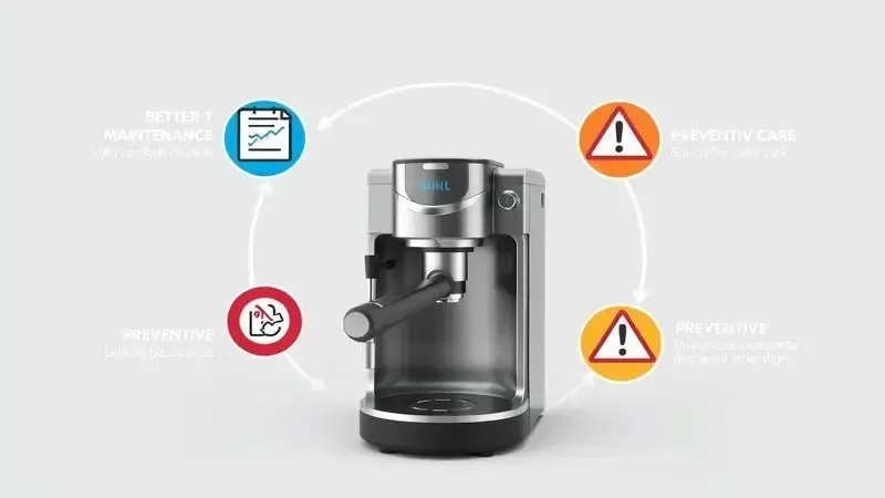 Diagrama conceitual de manutenção preventiva para máquina de café com ícones e setas ilustrando ciclos de cuidado