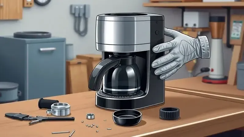 Ilustração de mãos realizando manutenção em componentes de cafeteira elétrica em bancada
