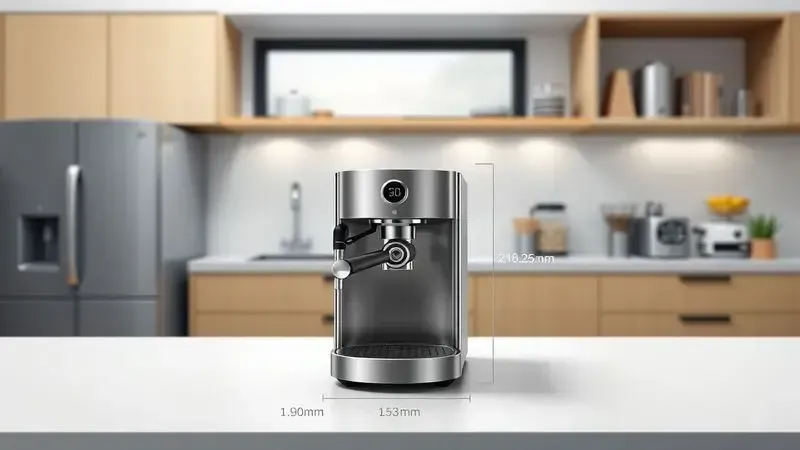 Representação ilustrativa de máquina de café compacta em cozinha moderna mostrando eficiência de espaço.