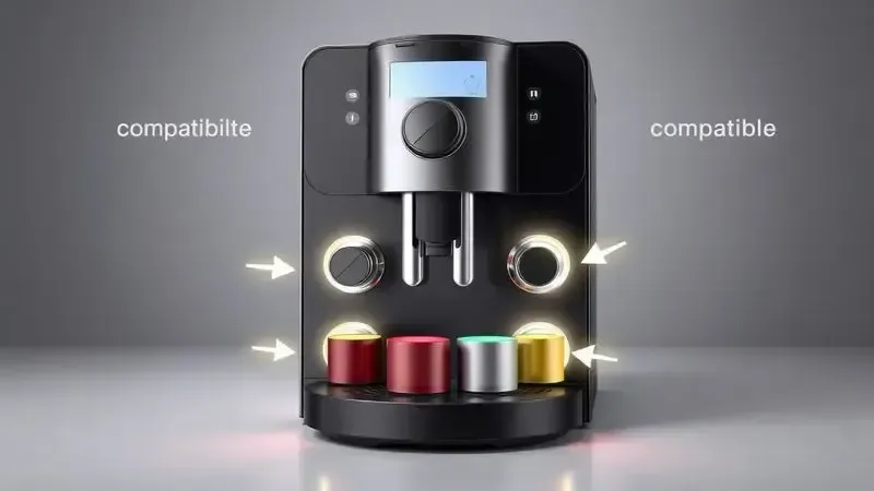 Ilustração conceitual de máquina de café multicápsulas com múltiplos slots e setas indicando compatibilidade.