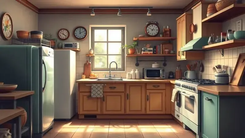 Cena conceitual de cozinha misturando elementos vintage e modernos, representando tradição e confiabilidade.
