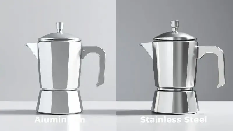 Ilustração 3D comparando materiais alumínio e aço inox para cafeteiras italianas, mostrando diferenças de textura e propriedades