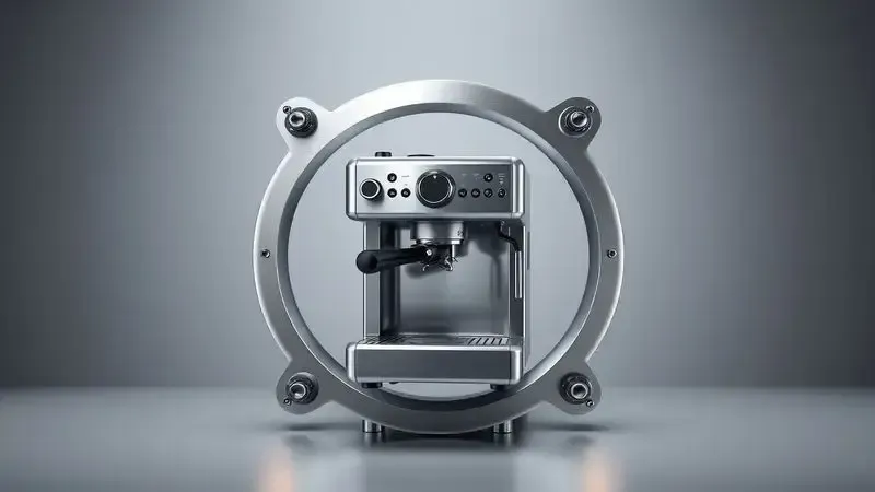 Conceito de durabilidade de cafeteira industrial com materiais resistentes como aço inoxidável formando escudo protetor.