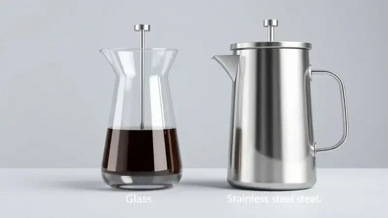 Ilustração digital comparando jarras de café de vidro e aço inoxidável, mostrando diferenças de material e textura