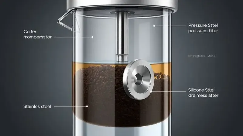 Ilustração dos mecanismos internos de uma cafeteira portátil mostrando como a pressão extrai o café dos grãos moídos