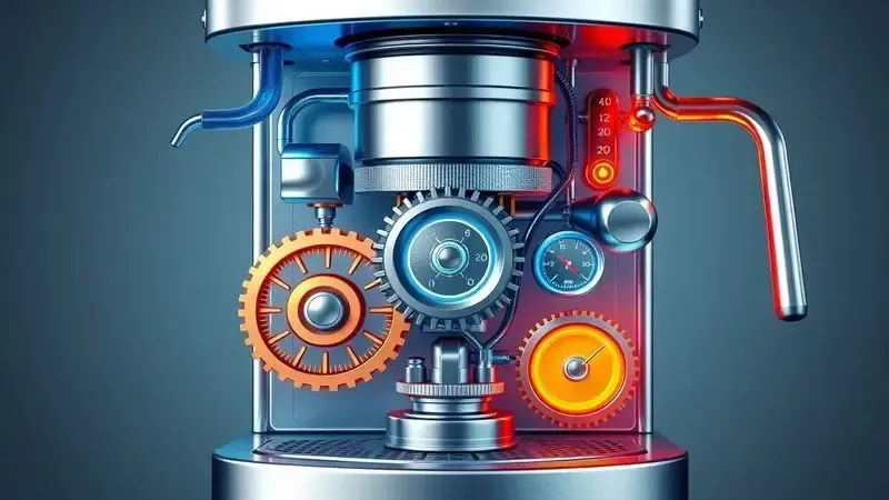 Ilustração conceitual do mecanismo interno de cafeteira mostrando sistema de pressão e tecnologia quente/frio de forma abstrata