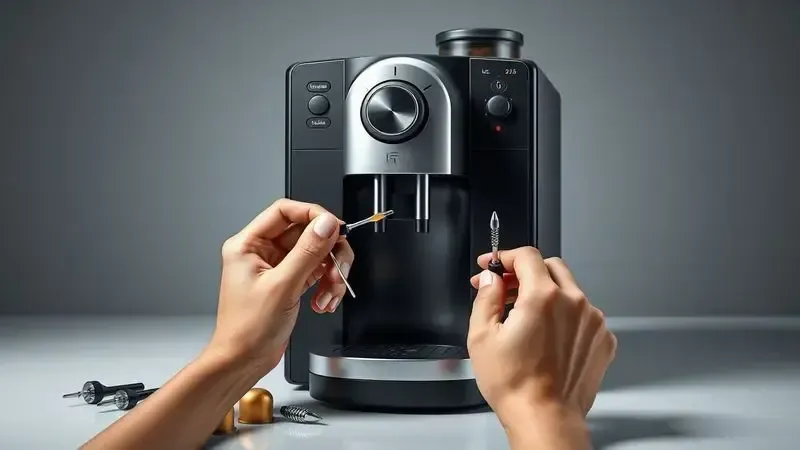 Ilustração de mãos utilizando agulha de limpeza para desentupir máquina de café