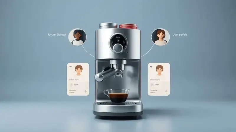 Cena conceitual de personalização de cafeteira espresso mostrando diferentes perfis de usuário e necessidades