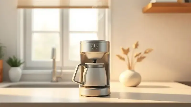 Render 3D conceitual de cena acolhedora de cozinha doméstica com cafeteira minimalista, luz suave e vapor de xícara.