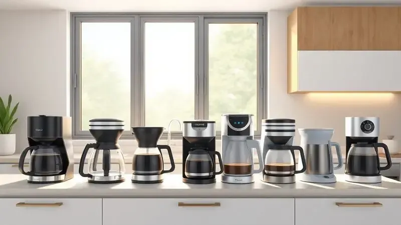 Ilustração conceitual de diferentes modelos de cafeteiras elétricas em balcão de cozinha moderna com iluminação matinal.
