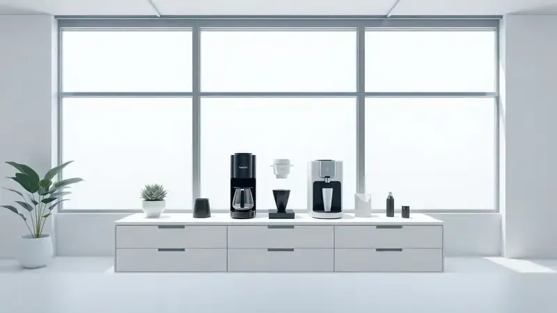 Conceito visual de um espaço de trabalho moderno com uma estação de café minimalista e diferentes tipos de cafeteira representados de forma abstrata.