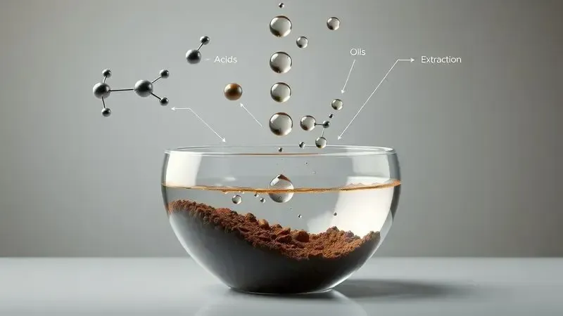 Ilustração científica do processo de extração do café mostrando moléculas de sabor sendo liberadas durante a preparação.