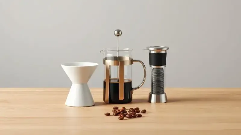 Métodos alternativos para preparar café gourmet, como prensa francesa, pour-over e AeroPress.