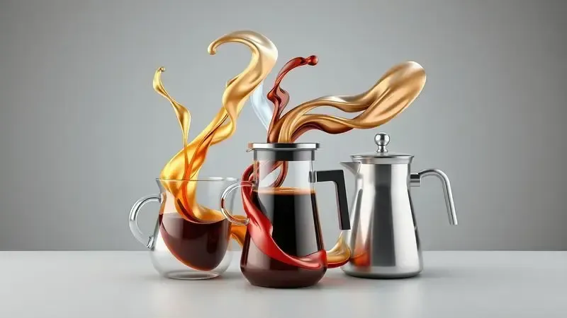 Ilustração conceitual dos principais métodos de extração de café: filtro, espresso, prensa francesa e moka